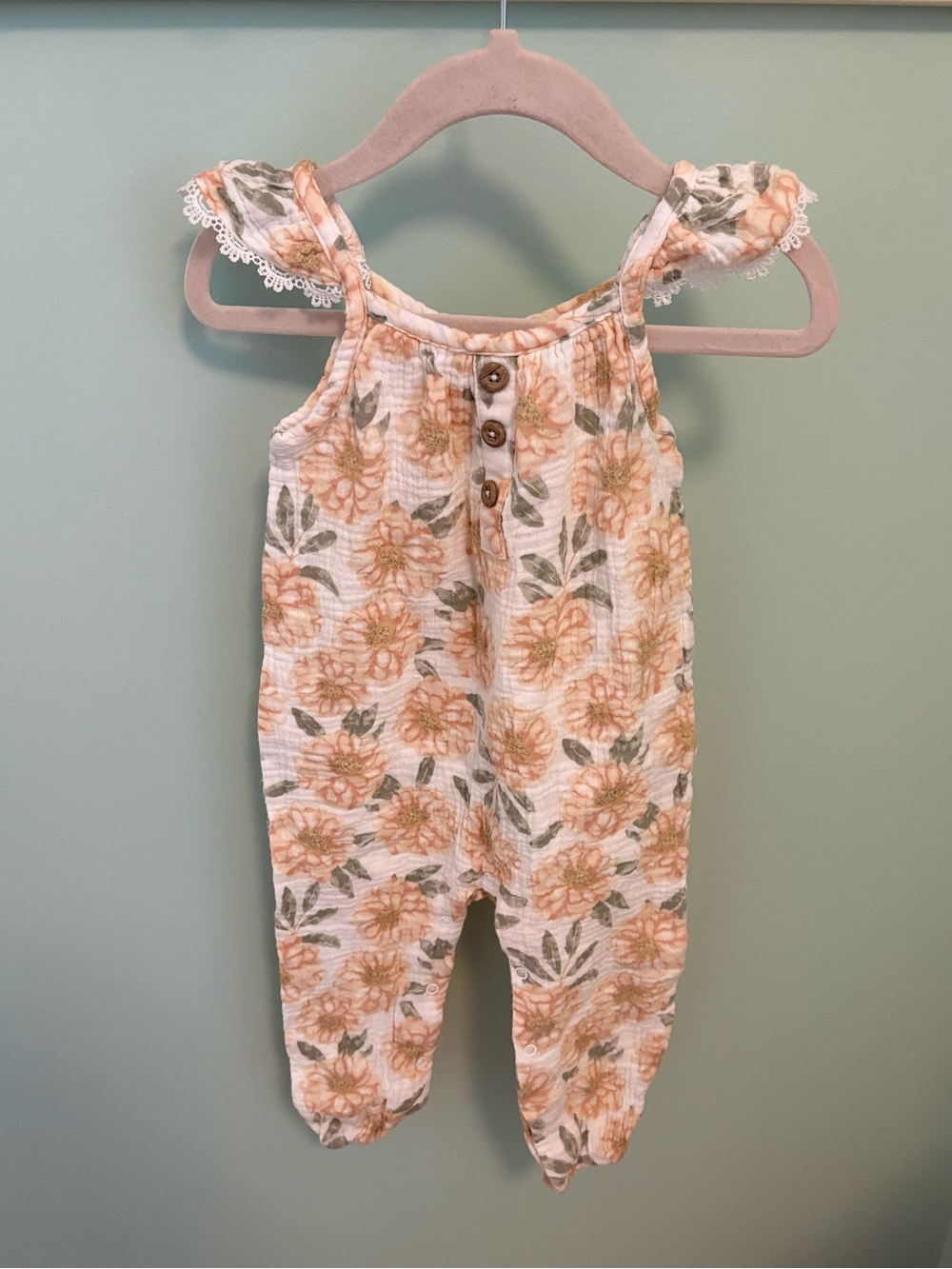 Emily & Oliver Floral Peach & Green Baby Girls Romper